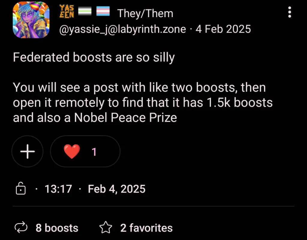 Screenshot of post I'm replying to, showing 2  favourites and 8 boosts, with one heart reaction