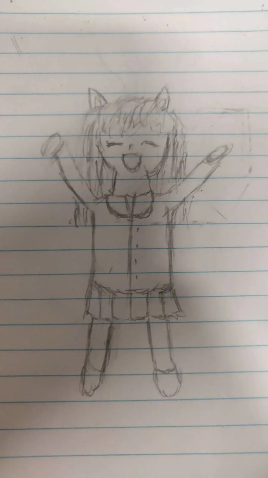 Low quality, small drawing of my pfp (fox girl wearing a stereotypical japanese high school uniform), being cheerful