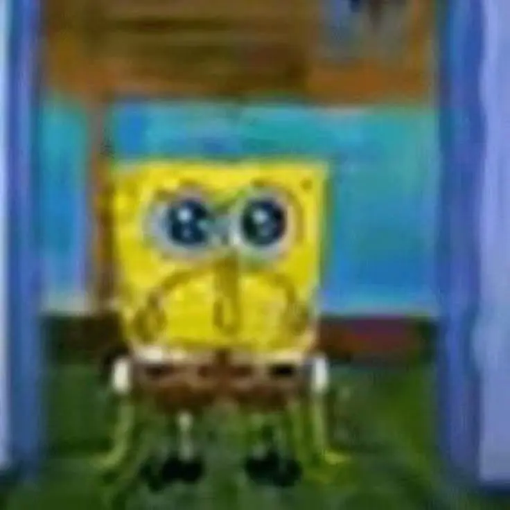 low quality image of spongebob, his face is very sad, big sad eyes, even bigger sad mouth