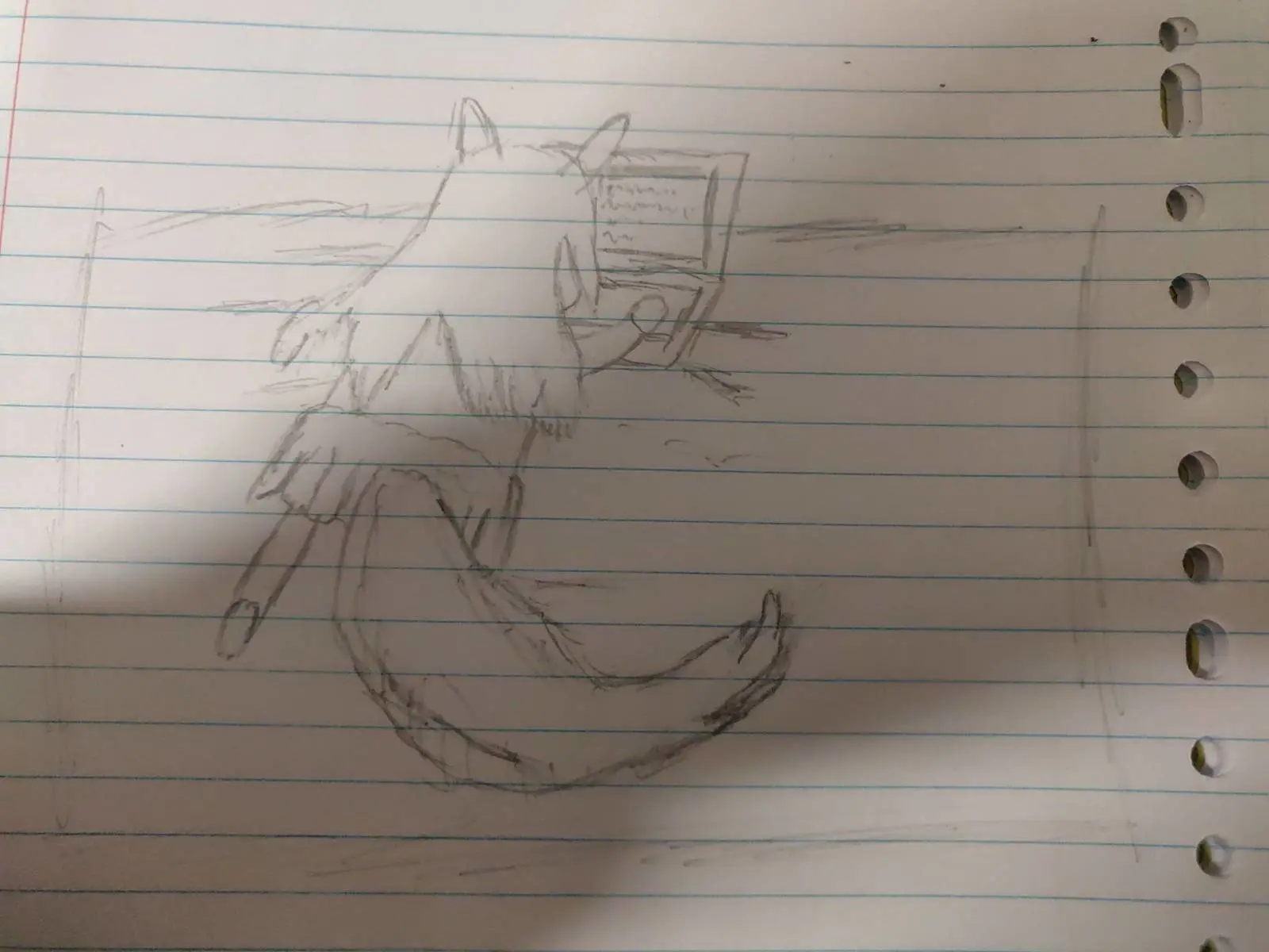 a pencil drawing of my character, a fox girl.
On the drawing she is laying on the stomach and typing on a laptop, she has a long tail and cute fox ears and long hair, wearing a skirt and shirt, sorry I can't describe it better
It's not good at all, but its okay ig