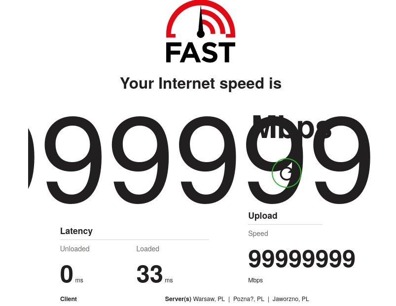 fast.com screenshot showing 9999999 Mbps speed upload and download