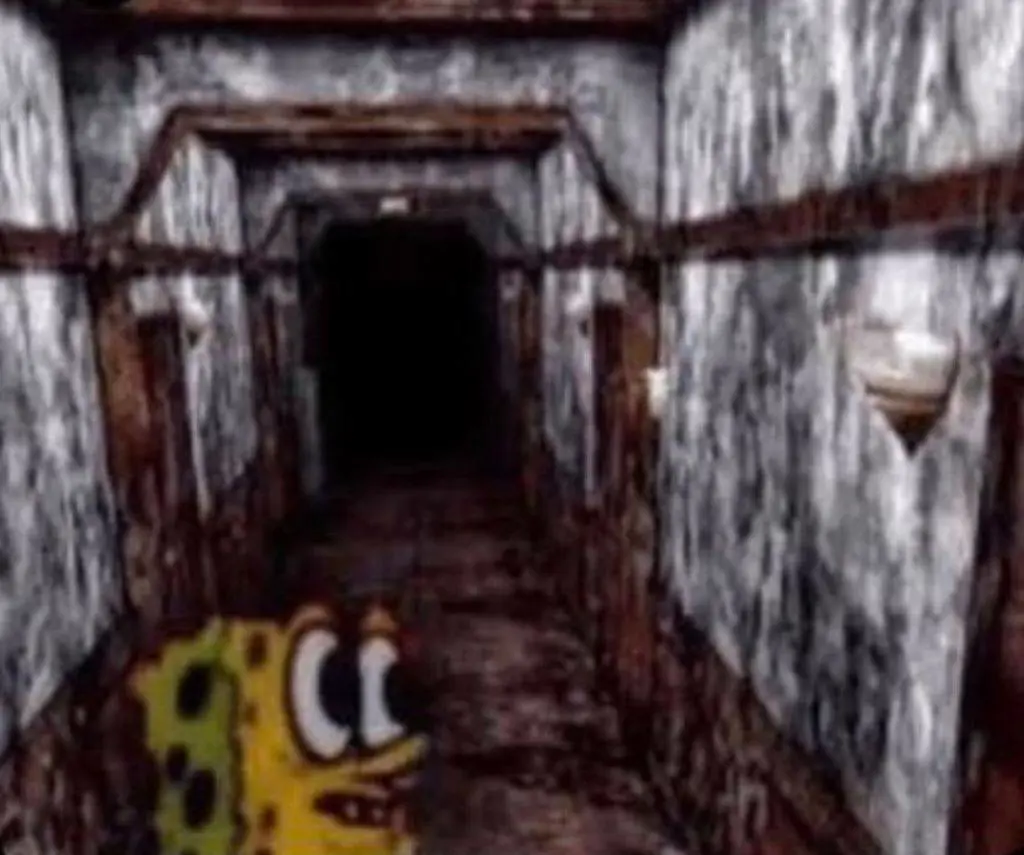 Terrified spongebob in a dark and grimy hallway