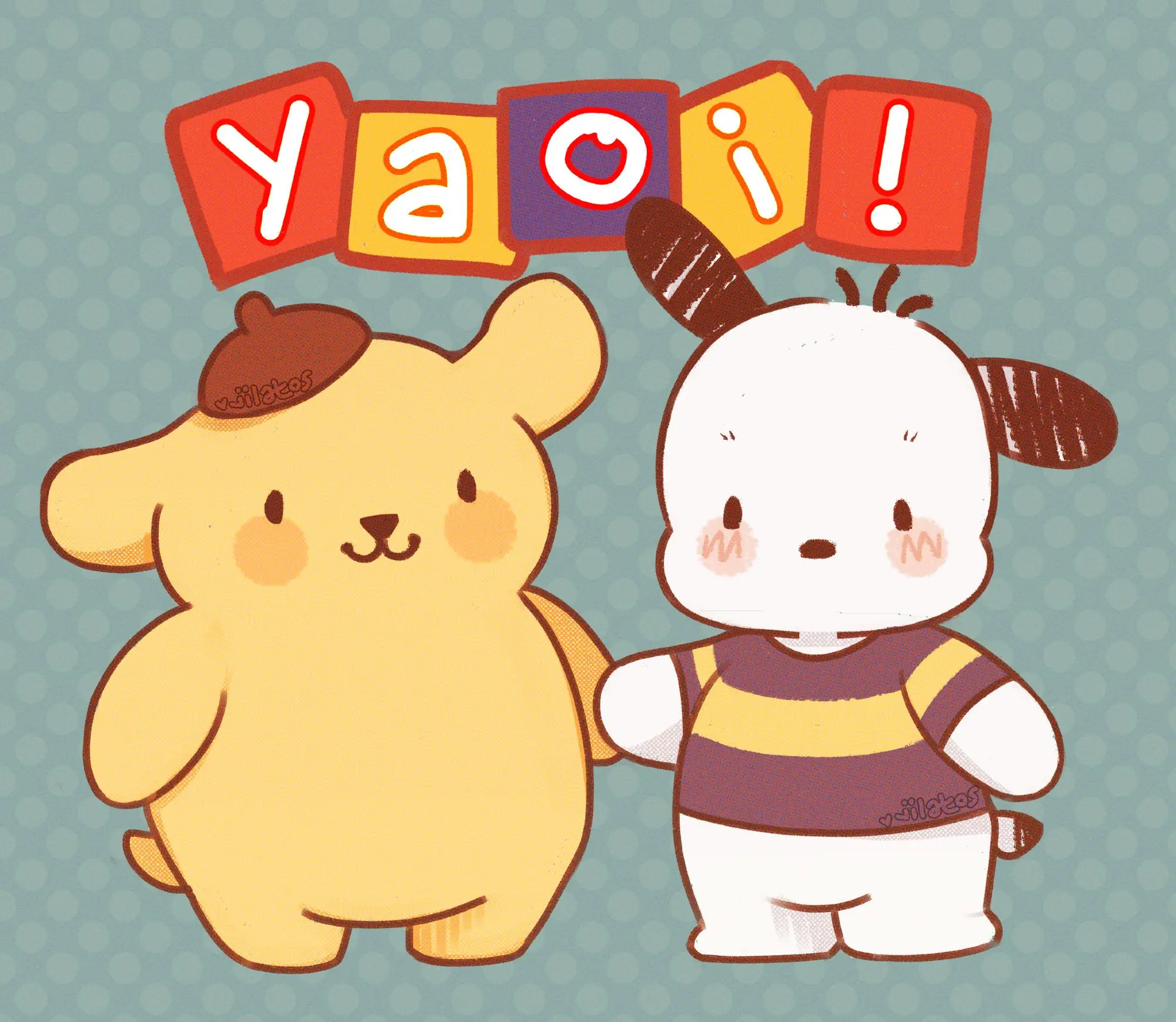 drawing of pompompurin and pochacco holding hands with "yaoi!" written in cute letters behind them