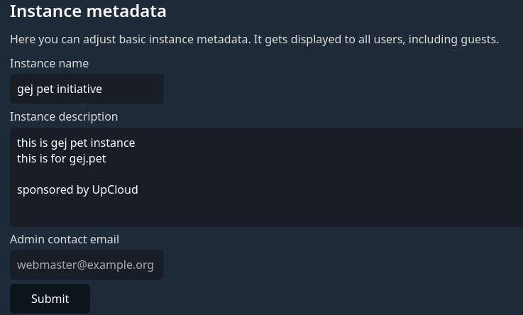 Instance metadata settings showing me adding "Sponsored by UpCloud" into the instance description
