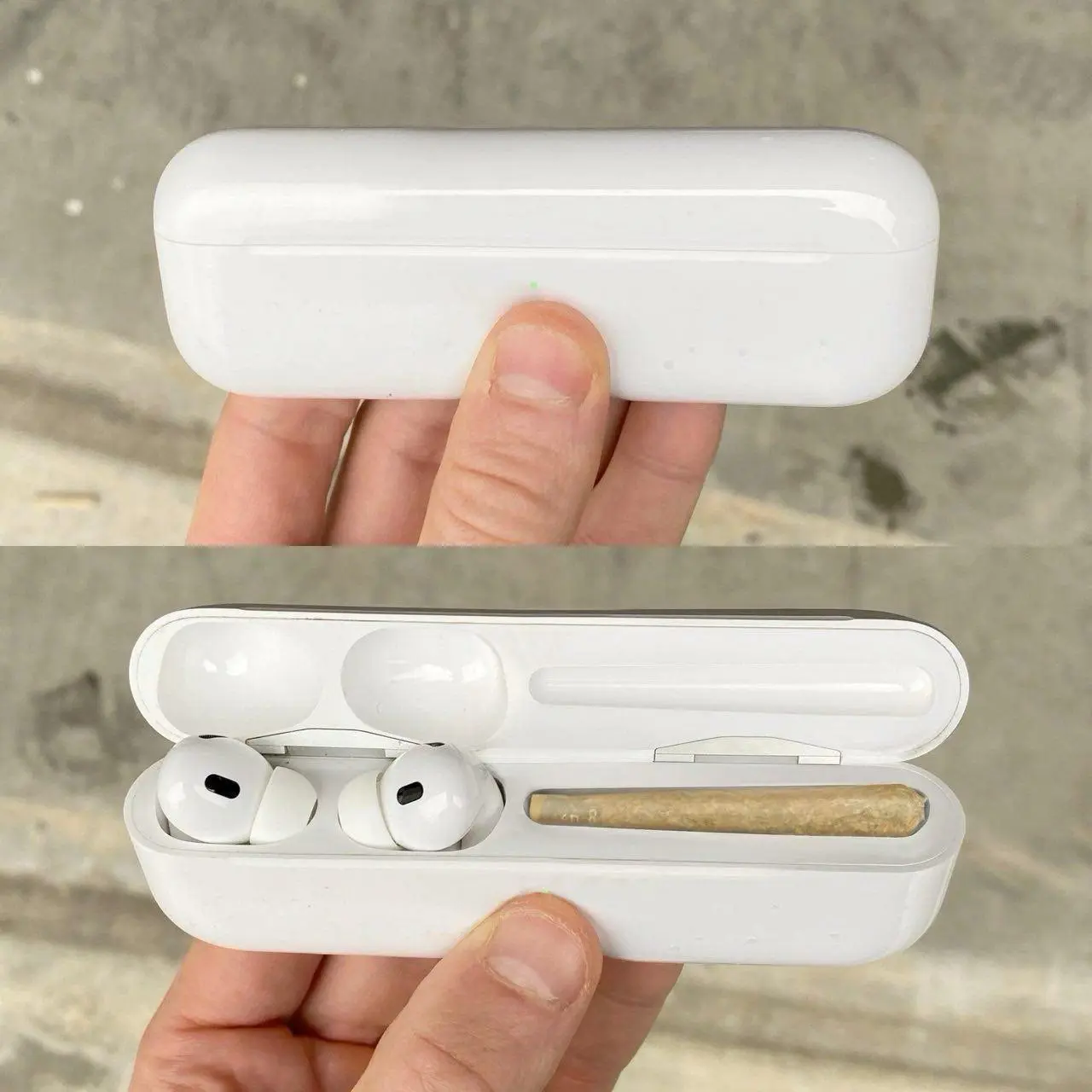 airpods extra long with a filled slot containing a blunt