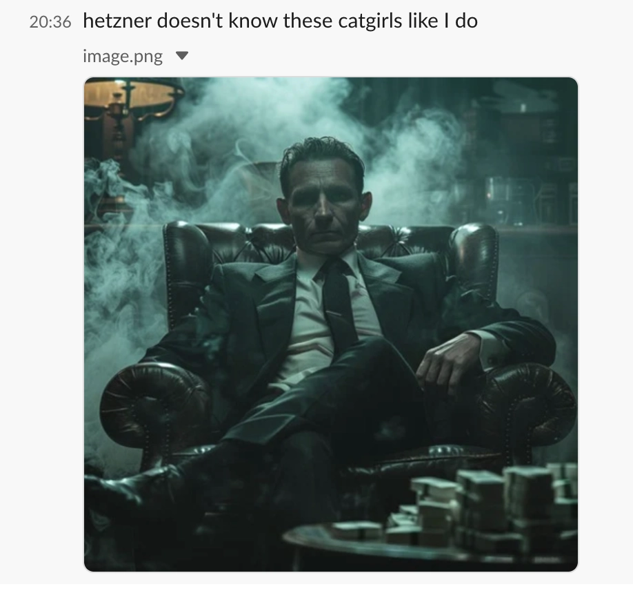 smoky dark room man "hetzner doesn't know these catgirls like I do"