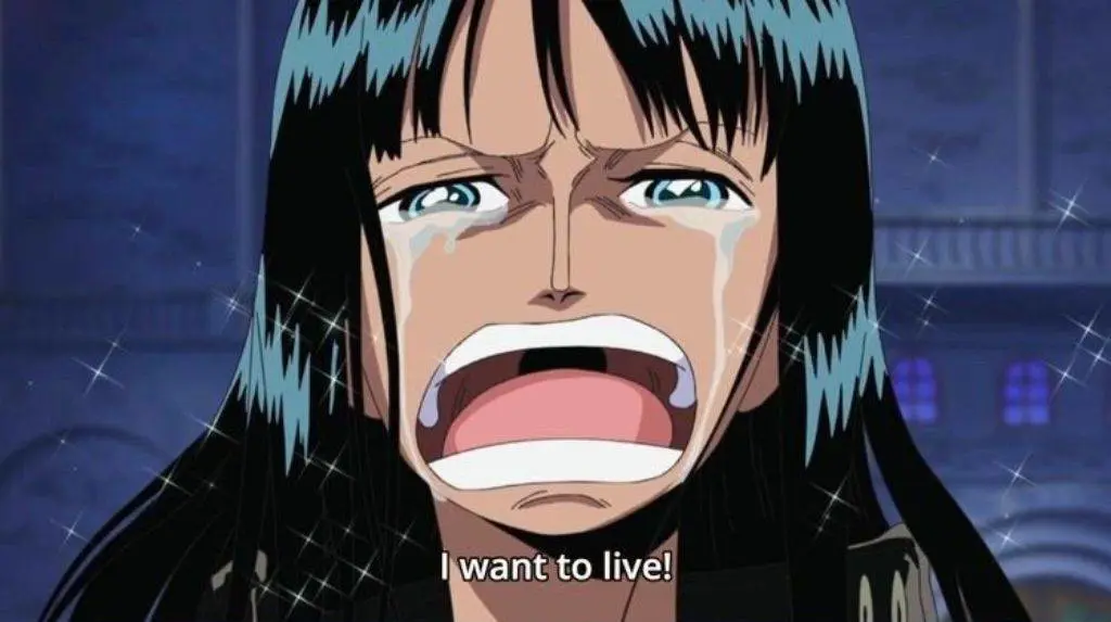 Nico from One Piece crying, screaming "I want to live!"