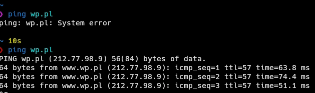 Terminal showing ping executed 2 times, first one shows "system error", while second one works as intended