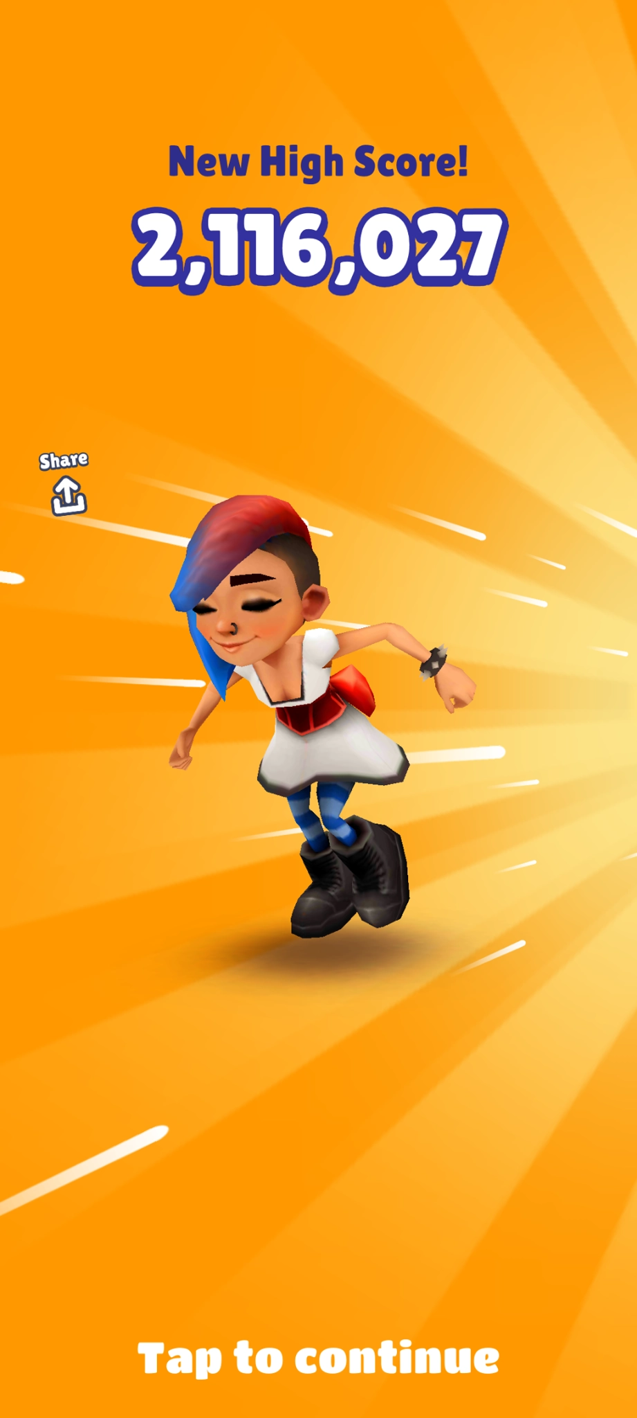Subway Surfers screenshot showing "New High Score: 2,116,027"