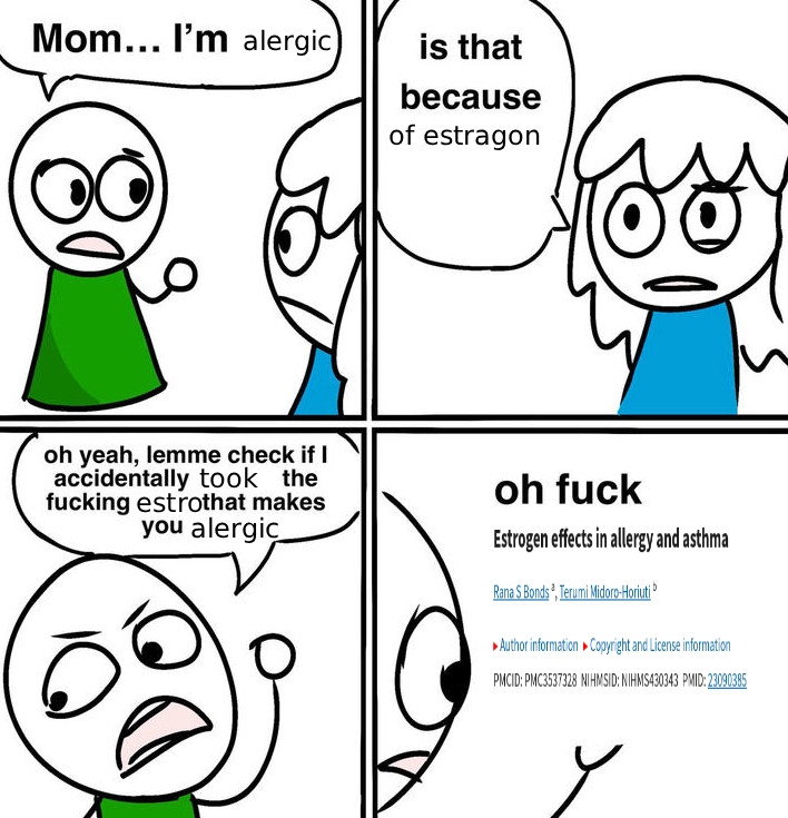comics with 2 characters. First panel: "Mom,... I'm allergic", second panel: "is that because of estragon", third panel: "oh yeah, lemme check if i accidentally tokk the fucking estro that makes you alergic", in the last panel the character looks in disbelief and says "oh fuck" looking at an scientific article called "estrogen effects in allergy and asthma"
