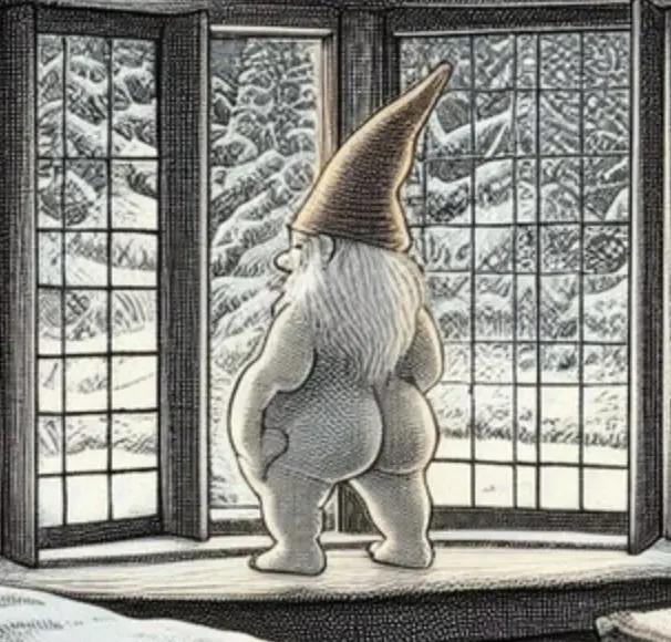 A caked-up naked little gnome staring out a slightly opened window looking out onto a beautiful winter forest