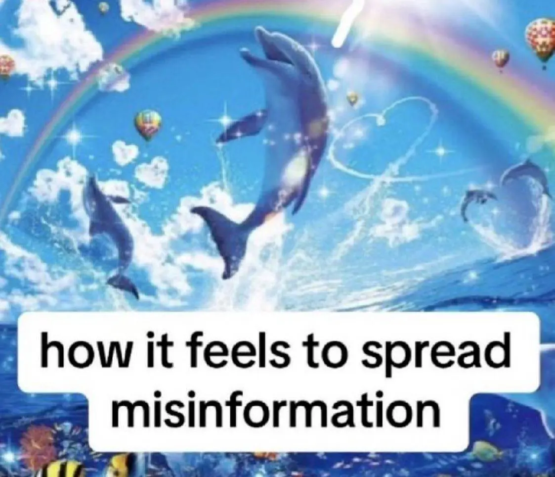 Happy image with rainbow, hearts everywhere, dolphins jumping happily, bright weather, with text in front saying "how it feels to spread misinformation"