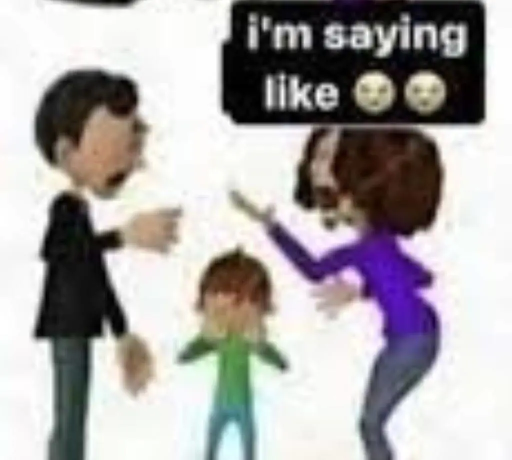 Low quality image of the last panel from "get a girlfriend son" meme, showing crying kid, dad and mother, where mom says "i'm saying like 😭😭"
